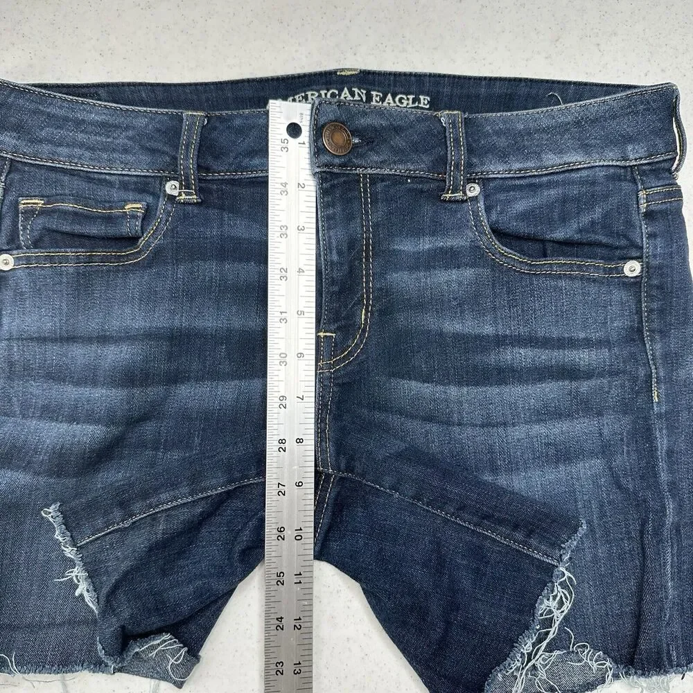 American Eagle Shorts Womens 14 Midi Blue Jean Denim Super Stretch Distress Fray